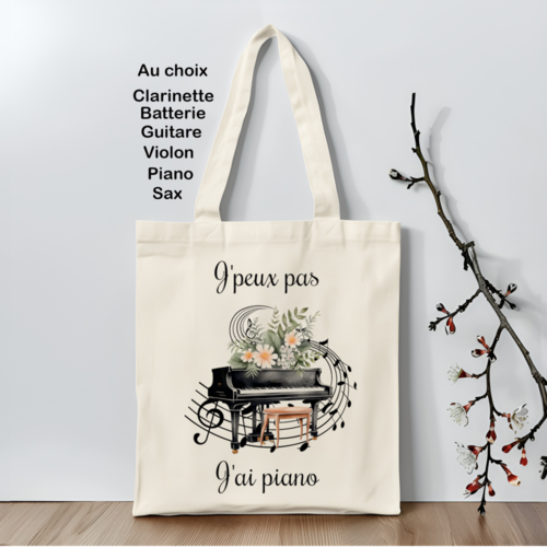 Sac j'peux pas j'ai piano, violon, batterie, clarinette, tote bag musique, sac fourre-tout prof de musique