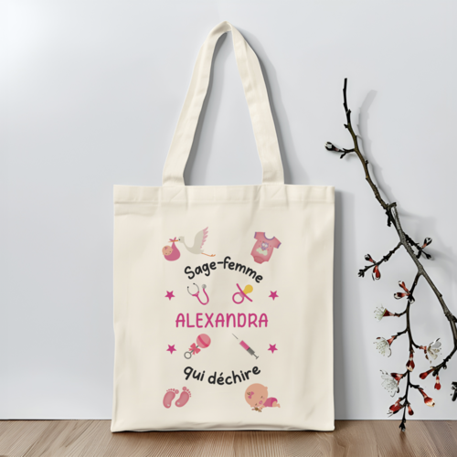 Tote bag personnalisé sage femme qui déchire, sac fourre-tout