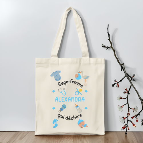 Tote bag personnalisé sage femme qui déchire, sac fourre-tout
