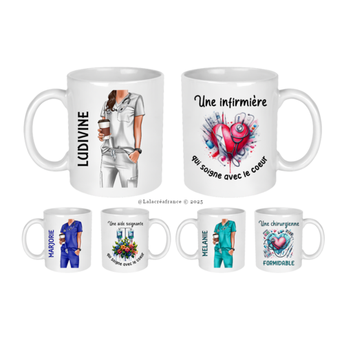 Mug infirmière personnalisé, mug aide soignante, tasse chirurgienne ou autre personnel soignant