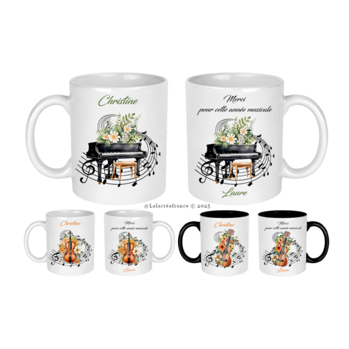 Mug prof de musique personnalisé, merci pour cette année musicale, piano, guitare, violon