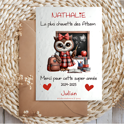 Carte à planter atsem personnalisée, la plus chouette des atsem, merci pour cette super année 2024-2025