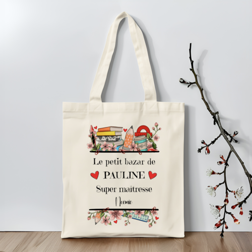 Tote bag personnalisé le petit bazar de maîtresse, atsem, aesh, ou prénom seul au choix