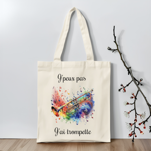 Sac j'peux pas j'ai trompette, piano, batterie, violon, tote bag musique, sac fourre-tout prof de musique