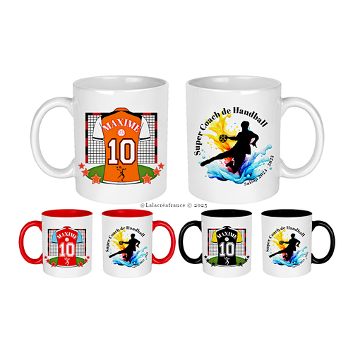 Mug super coach de handball à personnaliser au couleur du maillot, le numéro et le prénom