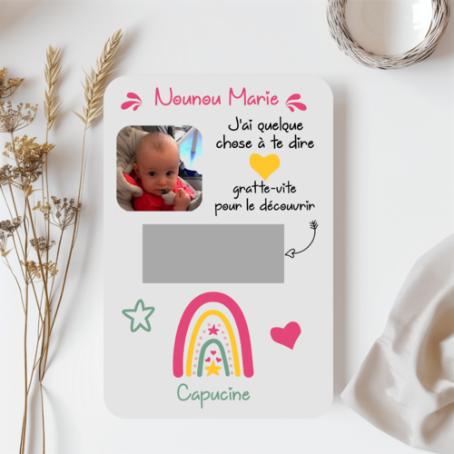 Carte à gratter personnalisé avec photo, carte message personnalisé pour nounou, auxiliaire de crèche, mamie, marraine ou autre
