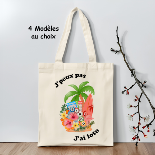 Sac j'peux pas j'ai loto, tote bag personnalisé loto bingo avec ou sans prénom, sac fourre-tout amateur de jeu