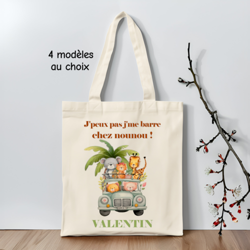 Sac enfant personnalisé, tote bag personnalisé safari, sac à doudou, j'peux pas j'ai nounou, 4 modèles au choix