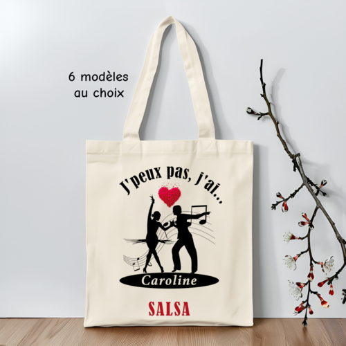 Sac personnalisé j'peux pas j'ai salsa, bachata, valse, tango, rock, tote bag j'peux pas j'ai danse, sac fourre-tout danseuse