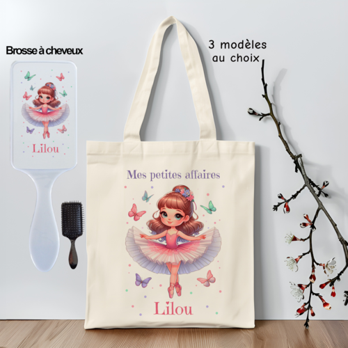 Tote bag enfant personnalisé thème danse, avec brosse à cheveux assortie