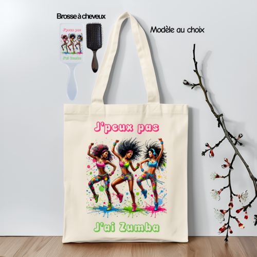 Tote bag personnalisé j'peux pas j'ai zumba, avec brosse à cheveux assortie