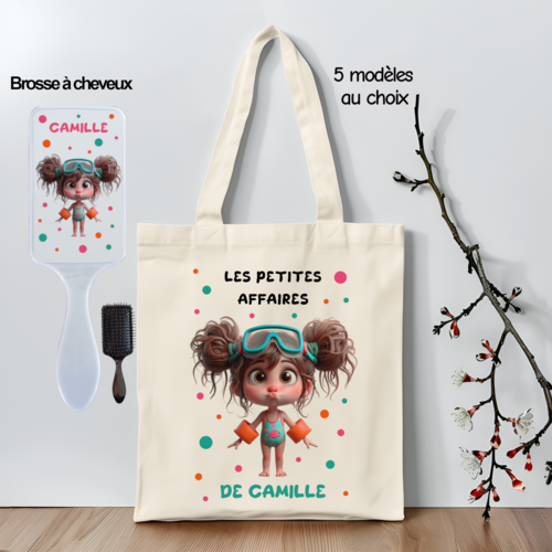 Tote bag enfant personnalisé thème piscine, avec brosse à cheveux assortie