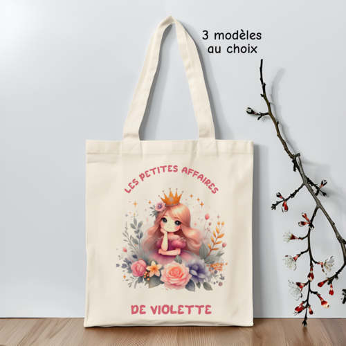 Tote bag enfant personnalisé thème princesse, sac de fille princesse personnalisé