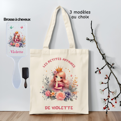 Tote bag fille thème princesse personnalisé, avec brosse à cheveux assortie
