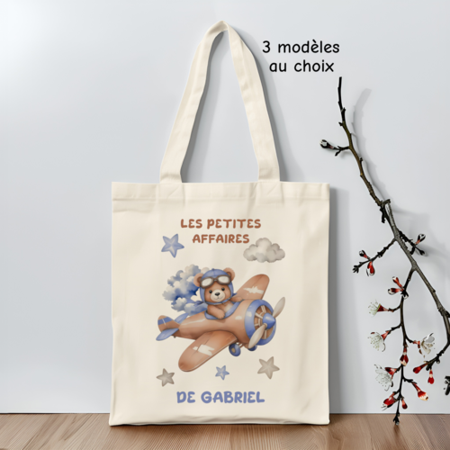 Tote bag enfant personnalisé, les petites affaires de..., tote bag personnalisé ourson, sac à doudou