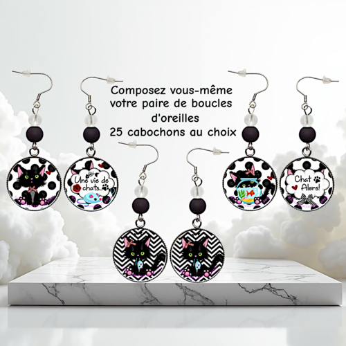 Boucles d'oreilles pendantes chat - a composez vous-mêmes avec 25 cabochons au choix