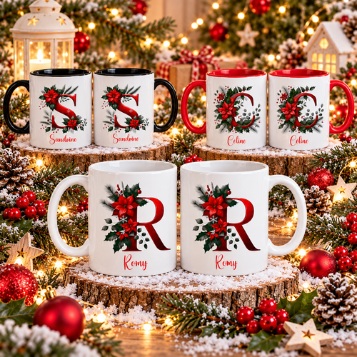 Mug de noël personnalisé initiale et prénom – tasse alphabet, cadeau de noël pour femme, homme ou enfant, tasse hiver cocooning