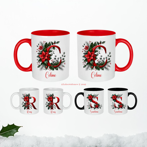 Mug de noël personnalisé initiale et prénom – tasse alphabet, cadeau de noël pour femme, homme ou enfant, tasse hiver cocooning