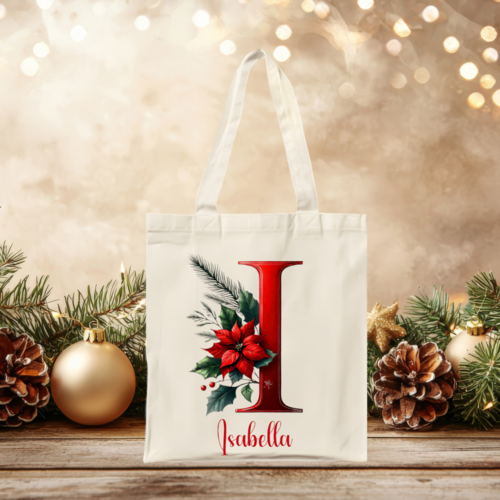 Tote bag de noël personnalisé – sac avec initiale et prénom, cadeau unique pour elle, cadeau noël