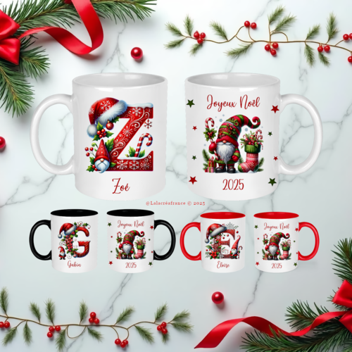 Mug de noël personnalisé – tasse avec initiale et prénom – gnome de noël – cadeau unique pour les fêtes