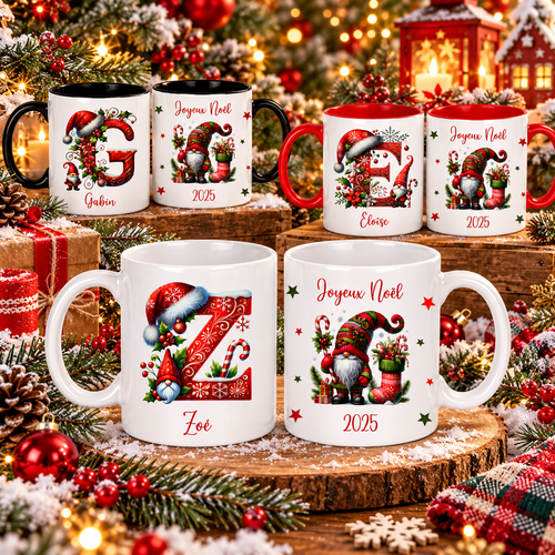 Mug de noël personnalisé – tasse avec initiale et prénom – gnome de noël – cadeau unique pour les fêtes