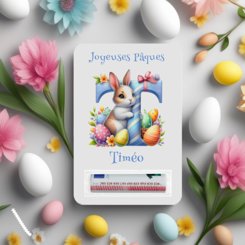 Carte porte-billet personnalisée pâques – lettre alphabet avec lapin