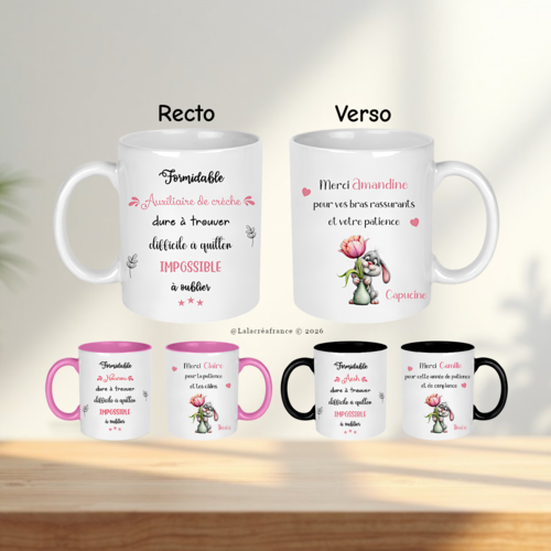 Mug auxiliaire de crèche, nounou ou aesh – cadeau remerciement fin d’année scolaire – tasse personnalisée