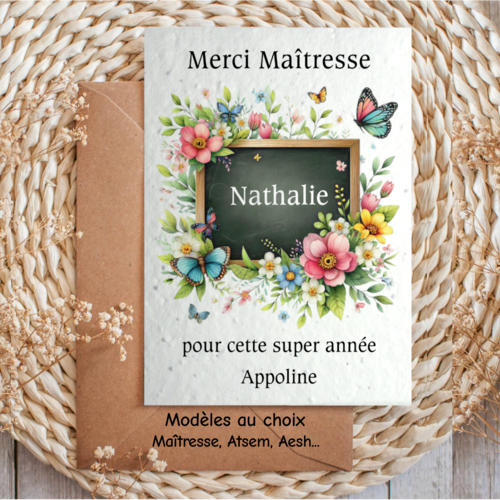 Carte à planter personnalisée – cadeau fin d’année maîtresse, atsem, aesh, nounou – papier ensemencé