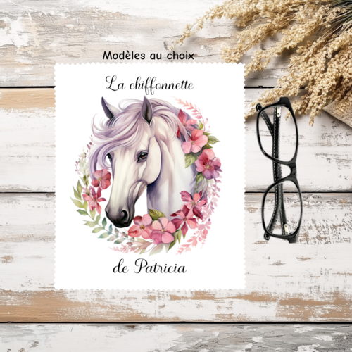 Essuie lunettes personnalisé cheval fleurie – chiffonnette microfibre prénom - cadeau monitrice équitation