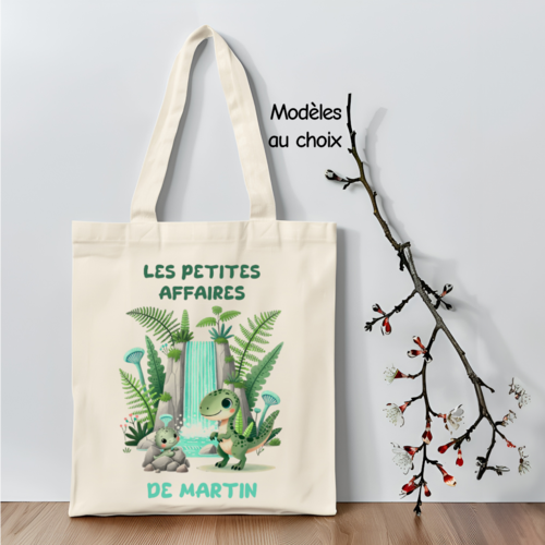 Tote bag enfant dinosaure personnalisé avec prénom – sac pour crèche, maternelle
