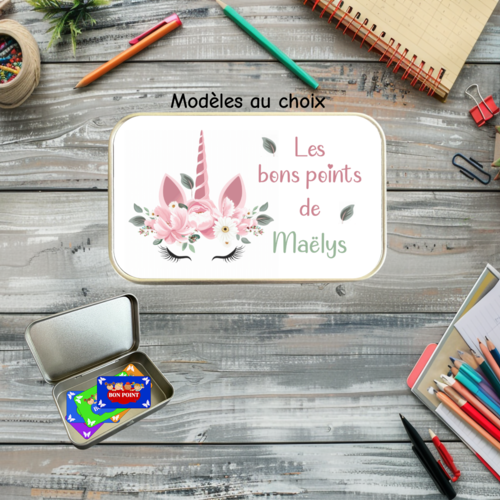 Boîte à bons points personnalisée licorne avec prénom – boîte en métal pour récompenses, école, cadeau enfant