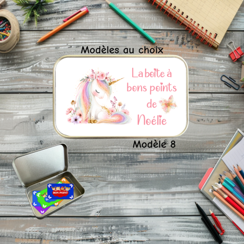 Boîte à bons points licorne personnalisée avec prénom – boîte métal enfant pour école et récompenses scolaires