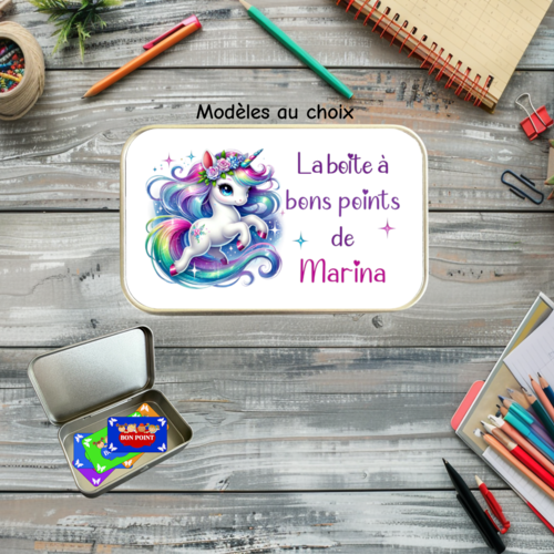 Boîte à bons points licorne personnalisée avec prénom – boîte métal enfant pour école et récompenses scolaires