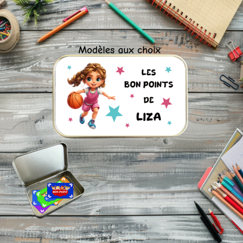 Boîte à bons points personnalisée fille basket – boîte en métal avec prénom – cadeau école et récompense enfant