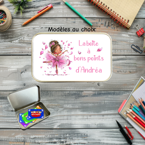 Boîte à bons points personnalisée danseuse – boîte métal avec prénom – cadeau enfant thème danse classique