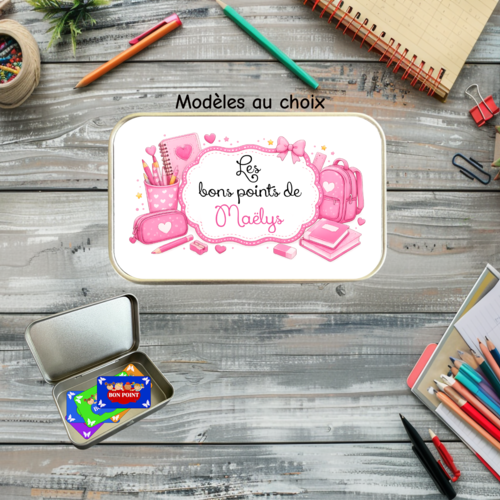 Boîte à bon point personnalisée pour fille - boîte métal prénom - récompense scolaire - cadeau de rentrée