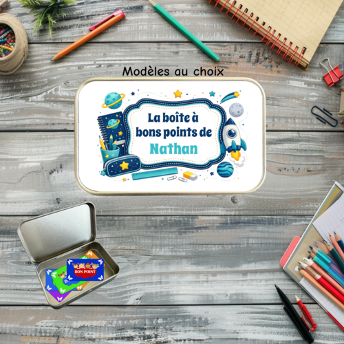 Boîte métallique personnalisée pour garçon - rangement bons points et petits trésors