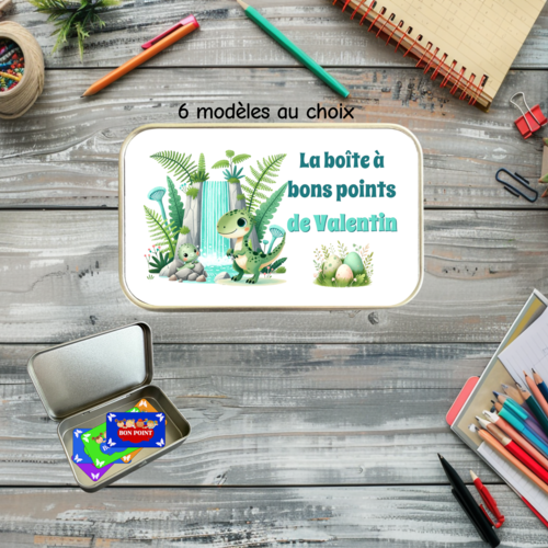 Boîte personnalisée enfant dinosaure – boîte à récompenses en métal avec prénom – idée cadeau garçon – rangement bons points