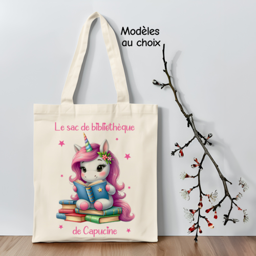 Sac de bibliothèque licorne personnalisé avec prénom – tote bag enfant fille