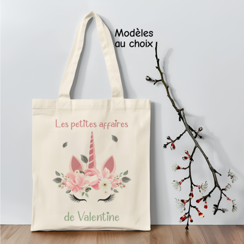 Sac enfant personnalisé licorne – tote bag avec prénom – sac bibliothèque enfant