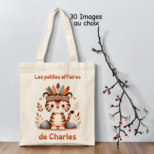 Tote bag enfant personnalisé  – animaux indiens – sac maternelle avec prénom