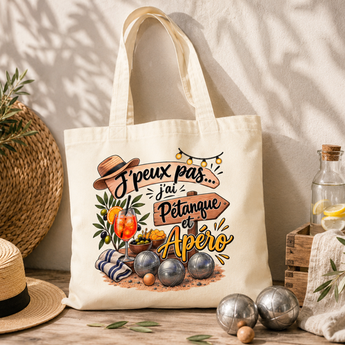 Sac tote bag pétanque – j’peux pas j’ai pétanque et apéro – cadeau humoristique bouliste