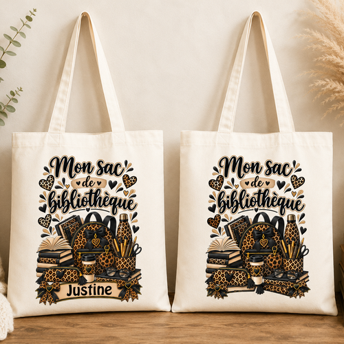 Sac de bibliothèque léopard beige et noir – tote bag lecture personnalisé avec prénom ou sans prénom