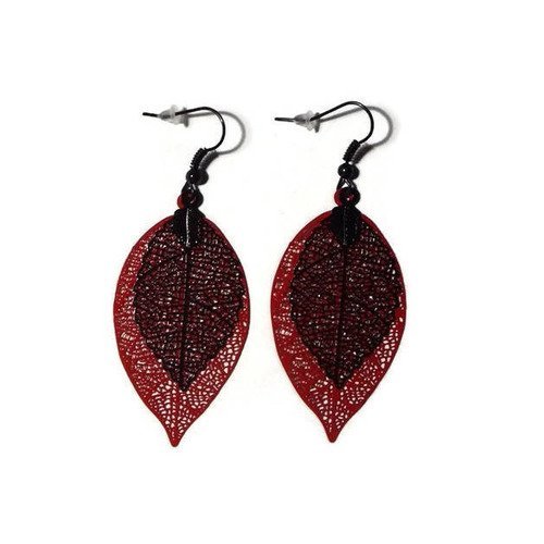 Boucles d'oreilles estampes feuilles filigrane rouge et noire