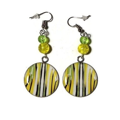 Boucles d'oreilles cabochon acidulé vert et jaune avec perle en verre transparente jaune et verte