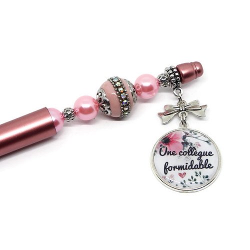 Stylo perles, cadeau collègue "une collègue formidable", couleur rose, encre noire