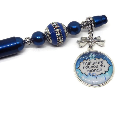 Stylo nounou, stylo perles, cadeau nounou, "meilleure nounou du monde", couleur bleu, encre noire