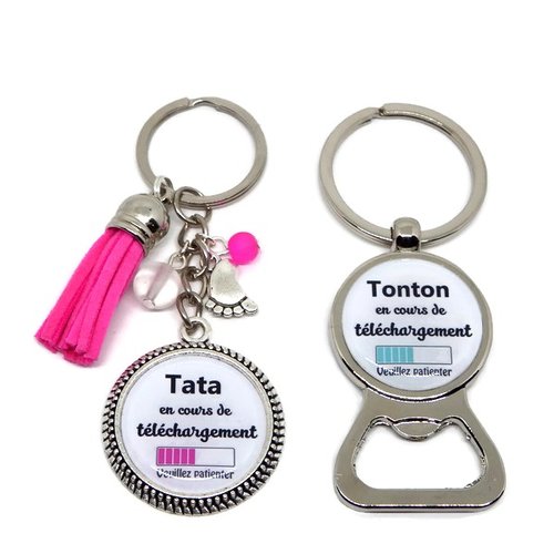 Duo porte clés future tata, décapsuleur futur tonton, "tata/tonton en cours de téléchargement veuillez patienter", annonce grossesse