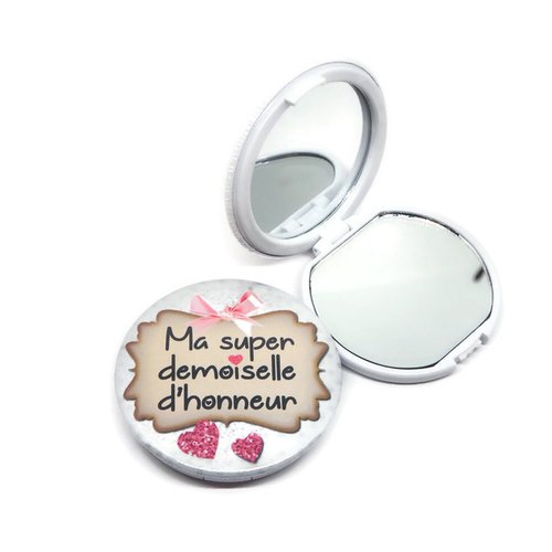 Miroir de poche  "ma super demoiselle d'honneur", ou miroir de sac, avec boîte cadeau et pochette en velours inclus
