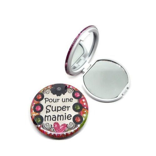 Miroir de poche mamie, "pour une super mamie", ou miroir de sac, avec boîte cadeau et pochette en velours inclus